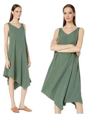 Eileen Fisher Sage Green Nori Tencel Midi Dress Asymmetric Size Large